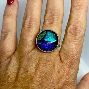 Vintage Mexico Designer PTP Dichroic Glass Sterling Silver Ring, Size 9